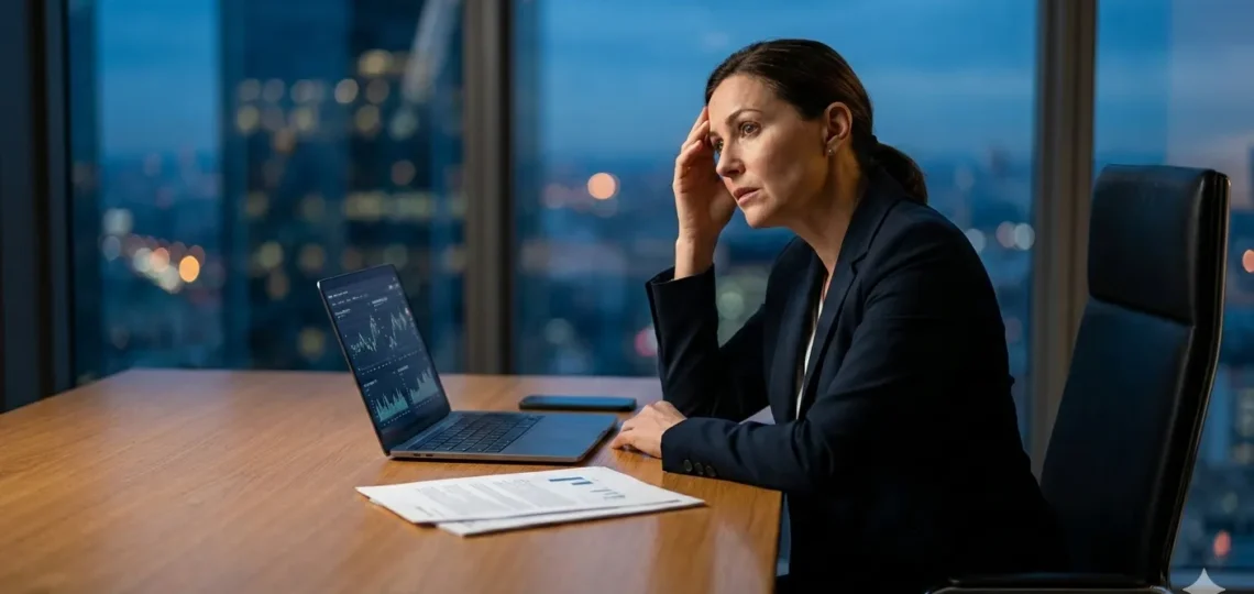 Mujer ejecutiva en una oficina moderna de noche con signos de agotamiento laboral y estrés, representando la necesidad de una reinvención profesional y el síndrome del impostor.