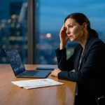 Mujer ejecutiva en una oficina moderna de noche con signos de agotamiento laboral y estrés, representando la necesidad de una reinvención profesional y el síndrome del impostor.