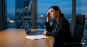 Mujer ejecutiva en una oficina moderna de noche con signos de agotamiento laboral y estrés, representando la necesidad de una reinvención profesional y el síndrome del impostor.