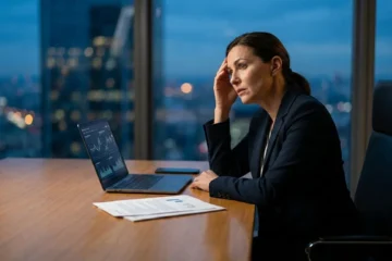 Mujer ejecutiva en una oficina moderna de noche con signos de agotamiento laboral y estrés, representando la necesidad de una reinvención profesional y el síndrome del impostor.